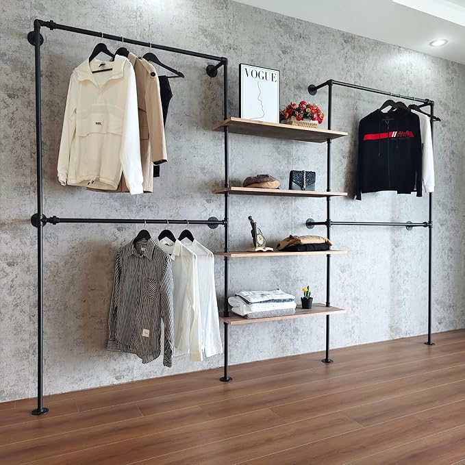 Industrial Pipe Clothing Rack, Wall Mounted Garment Hanging Rack with Shelves, 14.6x122.8x82.7 Inches, Model Y05