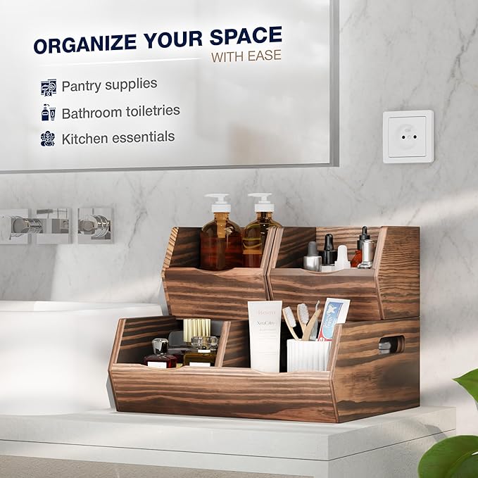 Acacia Wood Pantry Storage Bins – Stackable Open Front Kitchen Baskets for Potato, Onion, Fruit, Bread & More – Rustic Wooden Basket for Pantry (Walnut - Pine Wood)