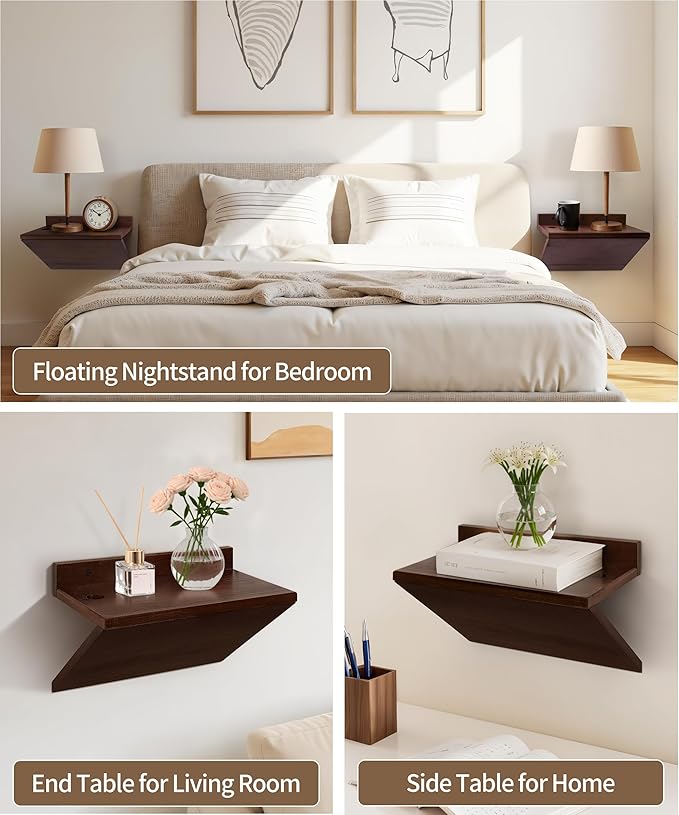 Modern Floating Nightstand Wooden Hanging Bedside Table with Cable Hole Small Wall Mounted Night Stand Shelf Organizer for Bedroom Livingroom 13 Inch Wide 7 Inch Deep