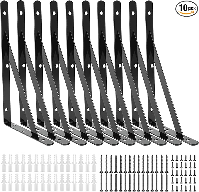 10 Pack L16 x H 10" Heavy Duty Shelf Brackets with Screws Open Floating Shelving Bracket L Brackets Black Metal Shelf Brackets for Shelves, Room, Pantry,Garage