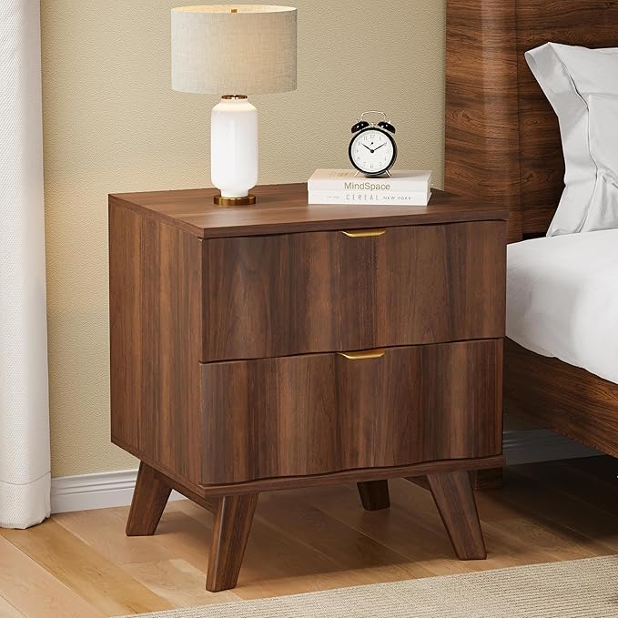 Nightstand, Bedside Table with 2 Drawers and Metal Handles, Sofa Side End Table with Storage for Bedroom, Living Room, Entryway (Walnut)