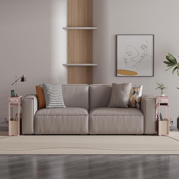 Pink Side Table with Charging Station, Slim End Tables with Linen Basket, Skinny Table for Small Spaces, Thin Bedside Table for Living Room, Bedroom