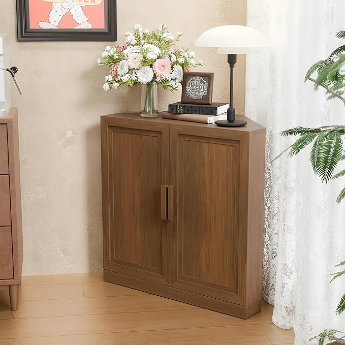 Casaphoria Farmhouse Corner Cabinet, Wooden Corner Storage Cabinet with Adjustable Shelves, Narrow Storage Organizer for Small Space, 31" H x 31" W x 16" D, 44Lb, Walnut