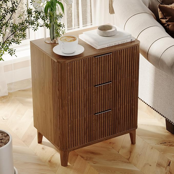 3 Drawer Fluted Dresser for Bedroom, Modern Closet Dressers Chest of Drawers, 23.6" Rustic Wood Nightstand 3-Drawer Dresser Bedside Table, Curved End Table with 3 Large Drawers for Living Room Walnut