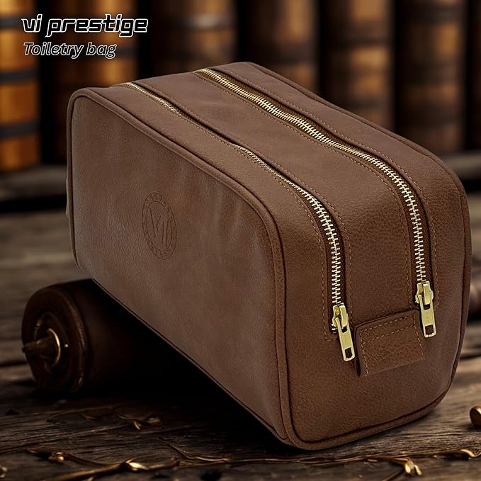 Dopp Gift Large Travel Toiletry Bag Premium Quality PU Leather Two compartments YKK Zippers Water-resistant Bottom Studs Mesh Pockets Durable Cosmetic Organizer BROWN