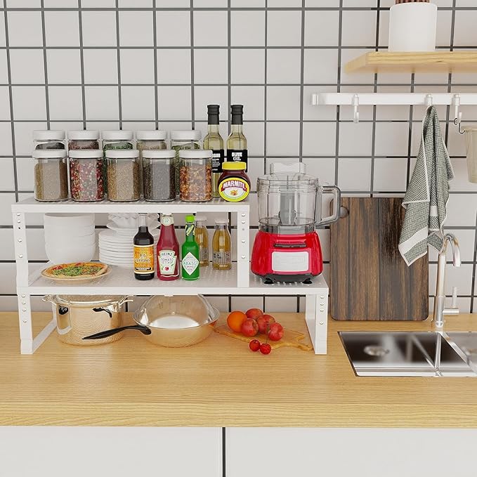 Expandable Cabinet Shelf Organizer Storage Spice Rack Shelves for Kitchen Stackable Adjustable Pantry Cupboard Bathroom Countertop Desktop(1Pack/White/Large-with Hole)
