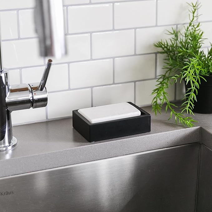 Matte Black Square Soap Dish, Hand Soap Holder for Bathroom, Shower, Countertop, Bathtub, Wash Room, Kitchen with Non-Slip Protective Pads