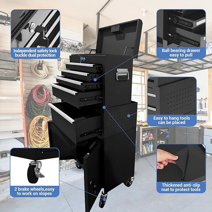 5-Drawer Rolling Tool Chest with Wheels and Locking System, Portable Tool Cabinet for Garage, Workshop, Mechanic, Heavy Duty Tool Box with Drawers, Detachable Storage for Home and Shop, Black