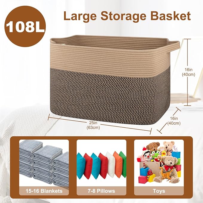 XXXL Supre Large Blanket Basket for Clothes, Towels, Pillows, 108L Cotton Rope Storage Basket for Living Room, Supre Large Woven Toy Storage for Kids, 25" x 16" x 16", Brown and Black