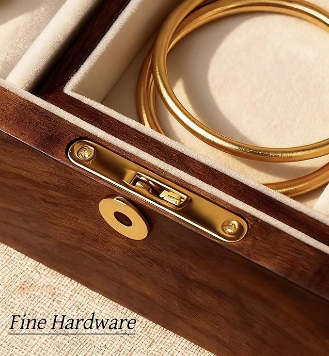 Bescott 2 Layer Solid Black Walnut Wooden Jewelry Box with Lock and Key for Women Wood Vintage Organizer for Men Earrings Rings Necklaces Bracelet Watch Storage Mother's Day Gift