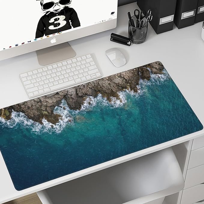 Desk Mat,Sea Waves and Fantastic Coast Gaming Mouse Pad,XXL Extended Mouse Pad Mat for Office,Computer,Keyboard with Non-Slip Base Stitched Eges Mousepad 35.4x15.75 inch