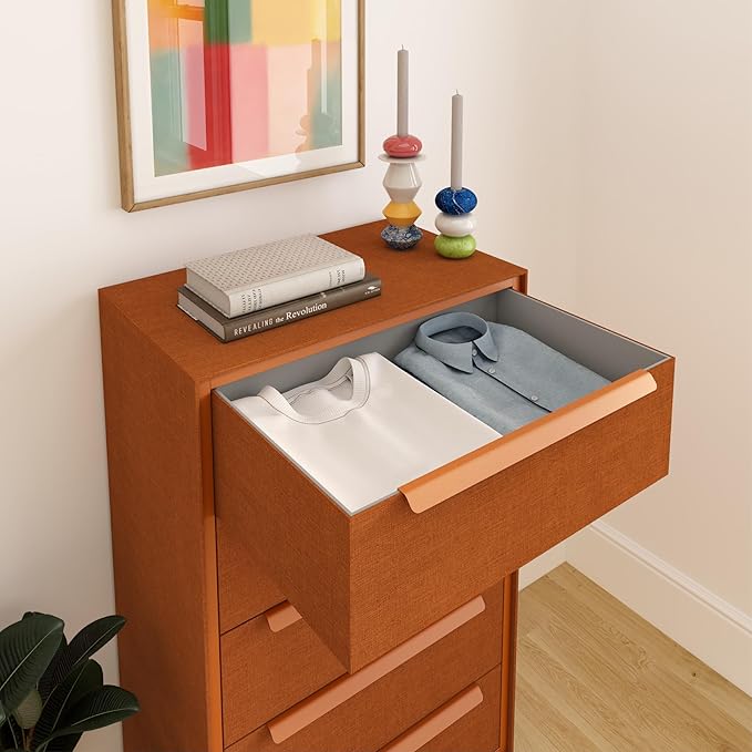 tinge Naima Premium Fabric Dresser - Strong Metal Frame, 5 Spacious Sag-Proof Drawers with Sleek Metal Handles - Premium & Durable Storage Solution for Your Home (Orange)