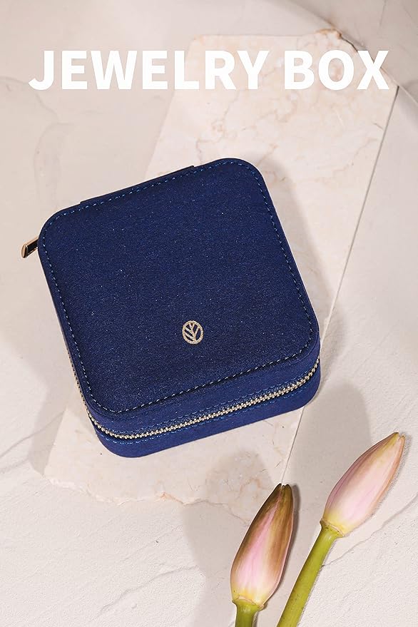 S.Leaf Travel Jewelry Organizer Boxes for Women Small Portable Necklace Earrings Bracelet Rings Travel Case Best Friend Birthday Gifts for Women Trendy (06_Suede_Touch_Navy)