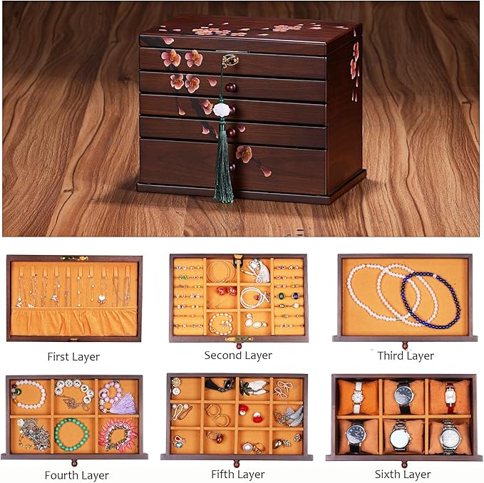 Vintage Wooden Jewelry Boxes with Lock & Key - Hand-Painted Large Jewelry Organizer, 6-Layer jewelry organizers and storage, Rustic Tabletop Jewelry Storage Box for Women/Men