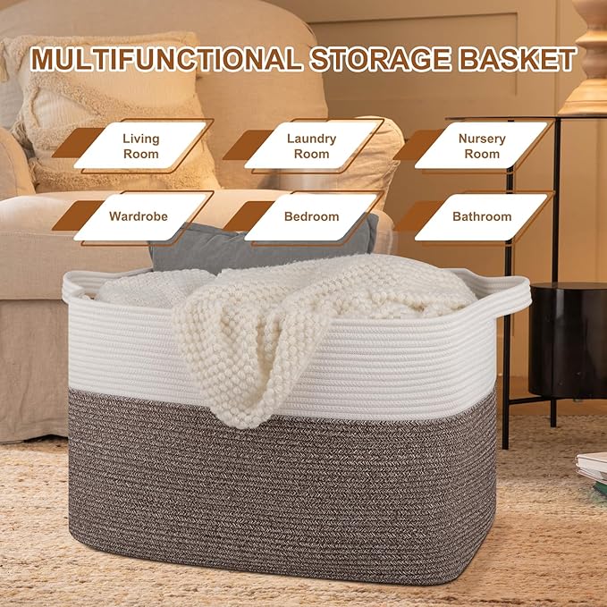 XXXL Supre Large Blanket Basket for Clothes, Towels, Pillows, 108L Cotton Rope Storage Basket for Living Room, Supre Large Woven Toy Storage for Kids, 25" x 16" x 16", Dark Brown and White