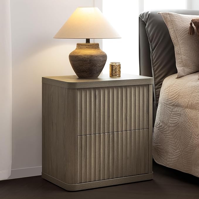 SICOTAS Night Stand Set of 2 Nightstands with 2 Drawers Storage Bedside Table Large Fluted Bed Side End Table Modern 24.4" Tall Wide Night Stands for Bedroom Living Room Sofa Couch Office, Grey Alder