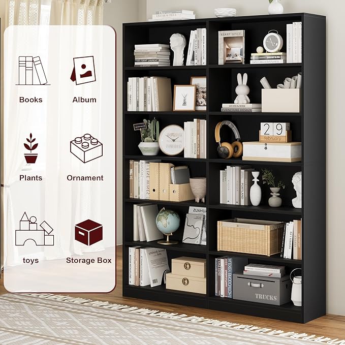 FACBOTALL Bookshelf and Bookcase, 6-Tier Double Wide Bookshelves, Freestanding Display Storage Shelves, Tall Bookcases for Home Decor Bedroom, Living Room, Home Office,Black