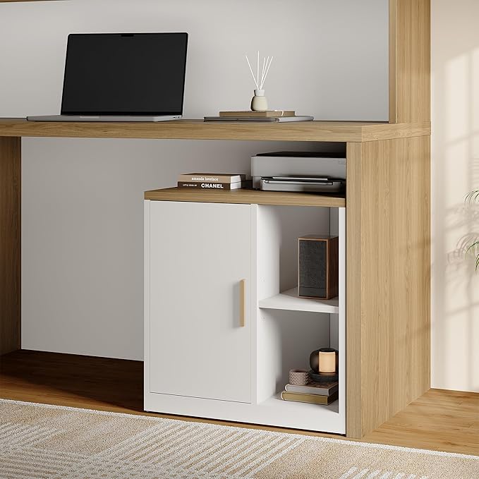 File Cabinet Under Desk Storage Cabinet with Door, Printer Stands with Open Adjustable Shelves, 23" Tall End Side Table for Office, Living Room, and Study, Light Walnut