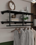 Wall Mounted Clothes Rack 12 Inch Deep, 42in Heavy Duty Garment Rack with Real Black Wood Shelf, Multi-Purpose Hanging Rod & Space-Saving Closet Storage Organizer