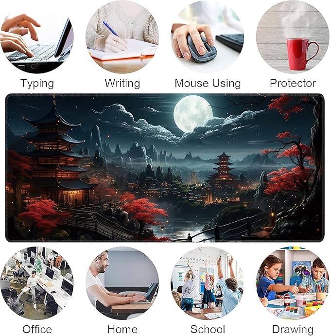 Japanese Full Moon Large Mouse Pad,Gaming Keyboard Desk Pad,Extended Mouse Mat Non-Slip Rubber Base with Stitched Edges for Office Game Home XXL 35.4"x15.7"