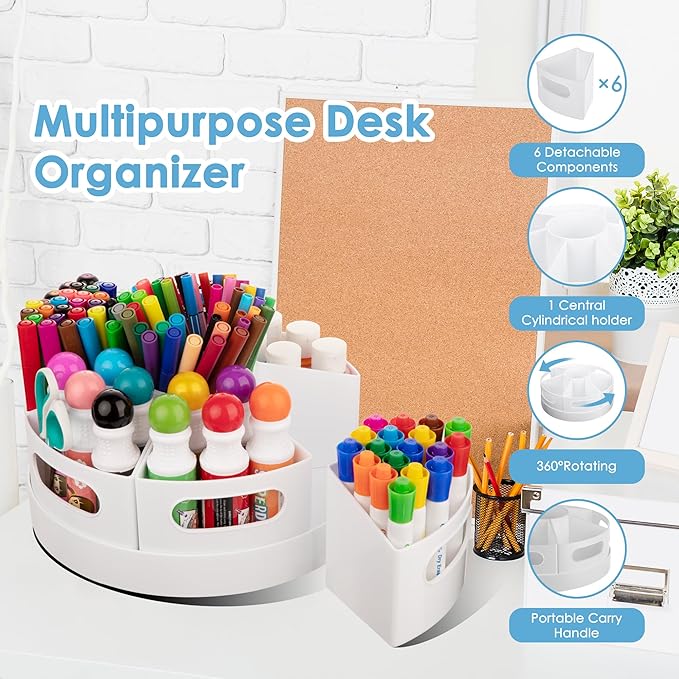 Art Supplies Organizer, Extra Large 360° Rotating Desk Organizer with 7 Removable Compartments, Marker Organizer for Home, Office, and Classroom, Crayon Holder