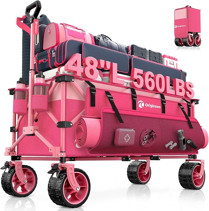 48" L Collapsible Beach Wagon Cart Foldable, 560LB Weight Capacity 300L Heavy Duty Folding Wagons with Big All-Terrain Wheels, Utility Carts for Groceries, Shopping, Camping, Sports - Pink
