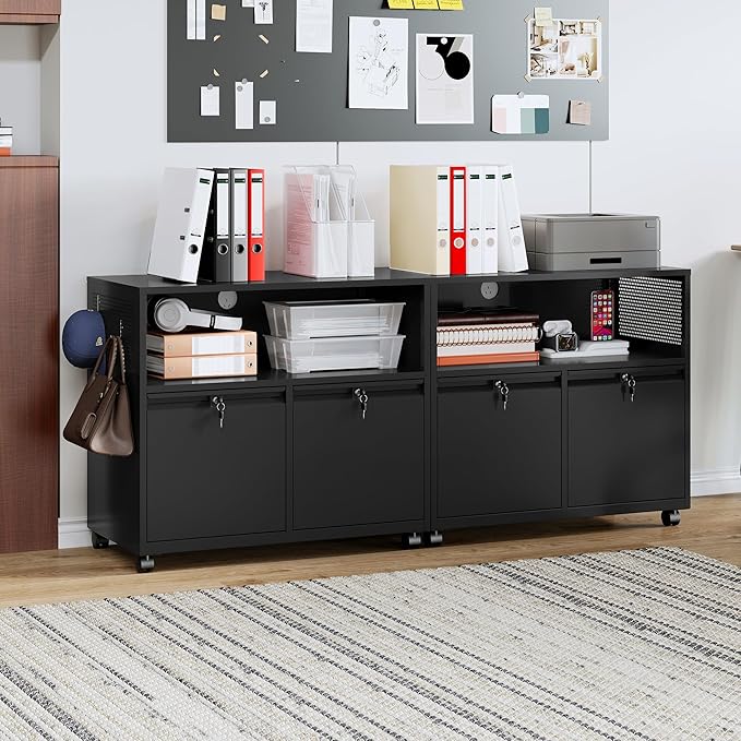 MIIIKO File Cabinet with Storage 2 Drawers, Rolling File Cabinet for Home Office, Metal Black 2 Drawers Storage with Shelf, for Printer, Letter A4 File Organizer