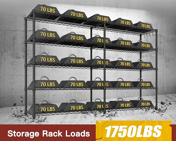 PrimeZone 2 Pack 72"W x 16''D x 76''H Metal Storage Wire Shelves - 5 Tier Heavy Duty Standing Garage Shelving Unit, Adjustable Steel Wire Rack Utility Shelf for Warehouse Kitchen Pantry Corner, Black