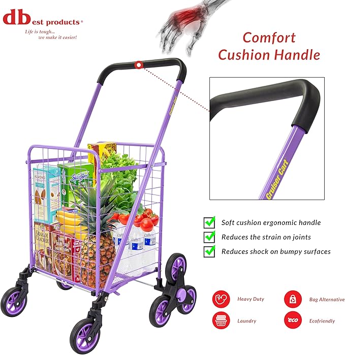 dbest Products Stair Climber Cruiser Cart Shopping Grocery Rolling Folding Laundry Basket on Wheels Foldable Utility Trolley Compact Lightweight Collapsible, Purple