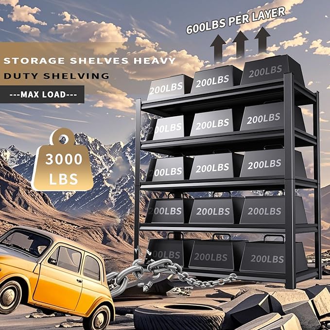 72 "H / 46" W Garage Shelving Heavy Duty Storage Shelves Adjustable Garage Shelves 5 Tier Metal Shelving Unit Utility Rack Shelf for Storage Kitchen Warehouse Pantry, Black 72 "H x 46"W x 19.7" D