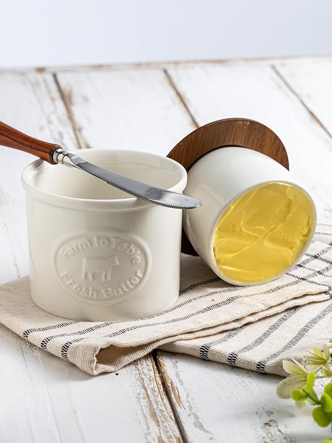 Butter Crock, Ceramic Butter Dish with Lid for Countertop, French Butter Keeper, Farmhouse Cow Pattern, White