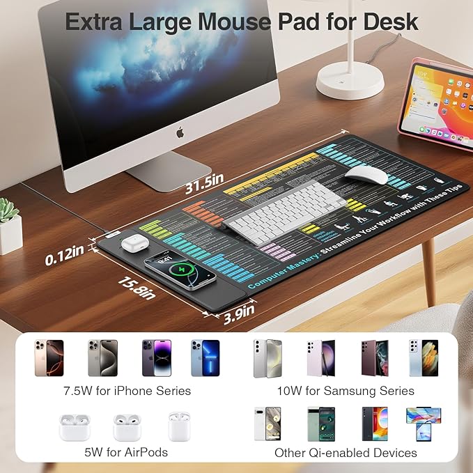 Wireless Charging Mouse Pad with Excel Formulas Shortcuts, 31.5"x15.8" Extra Large Office Spreadsheet Cheat Sheet Desk Mat, Waterproof Ultra-Smooth Surface, Non-Slip Base