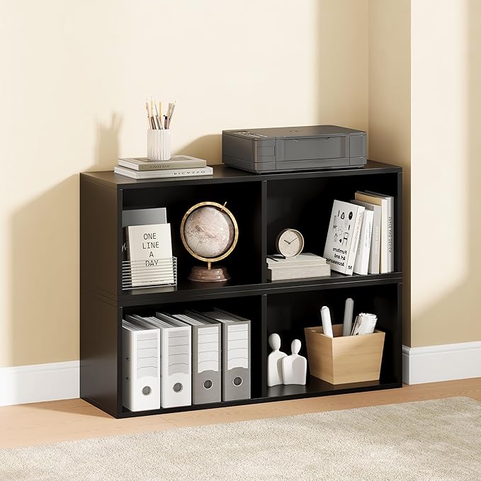IOTXY DIY Modular Cube Bookcase - CubeXY Customizable Stackable Expandable Basic Shelving Units, 2-Cube Wooden Open Bookshelf for Miscellaneous Storage Organizer, Black