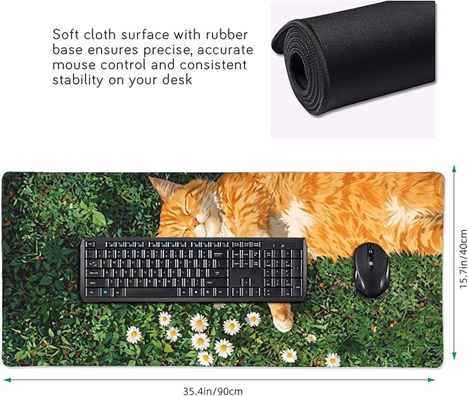 Cozy Cat Large Mouse Pad, Grass Daisy Gaming Desk Mat, XXL Keyboard Desk Pad Mat for Desktop, 35.4"x15.7" Non-Slip Base Big Mousepad with Stitched Edges