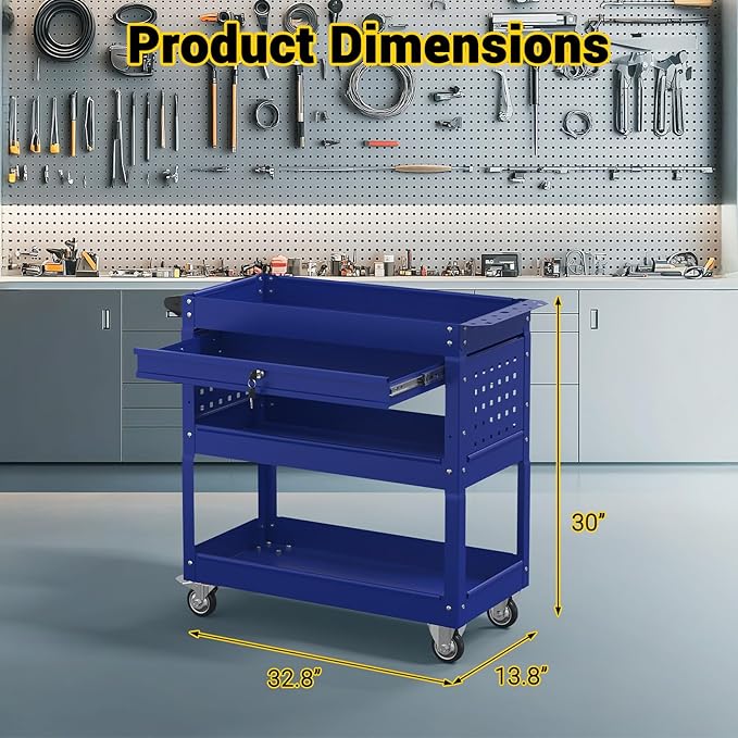 3 Tier Rolling Tool Cart on Wheels, 550 LBS Tool Cart with Drawers，Heavy Duty Utility Cart with Pegboard and Hook，Mechanic Tool Storage Cart for Garage, Warehouse and Repair Shop(Dark Blue)