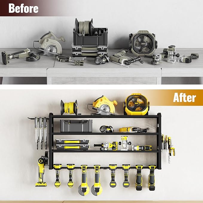Tomorotec 4-Layer Wall-Mounted Power Tool Storage Rack, Heavy-Duty Steel Drill Organizer with Adjustable Shelves & Side Hooks for Toolbox, Easy Installation Garage & Workshop Storage (Black)
