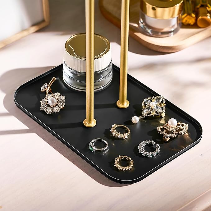 pickpiff Necklace Holder Jewelry Organizer Stand – 2‑Tier T‑Bar Jewelry Display Tree with Tray for Countertop Necklace Bracelet Earring Storage, Vanity Dresser Bathroom Sink, Black-Gold