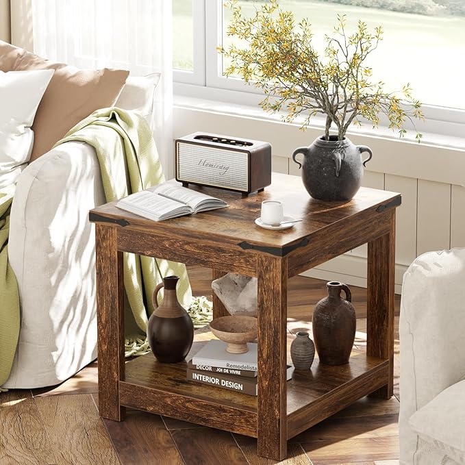 Homieasy End Table, 20 Inch Square End Table, Farmhouse Wood Side Table with Storage Shelf, Industrial Accent Bedside Table for Living Room, Bedroom,Rustic Brown