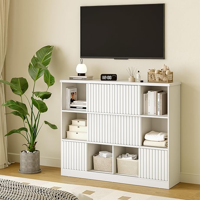 iPormis 12 Cube Bookcase with 6 Fluted Sliding Doors, 3 Tier Wooden Bookshelf, 47.2” Freestanding Cube Storage Organizer for Living Room, Office, Bedroom, Semi-Open Bookshelves, White
