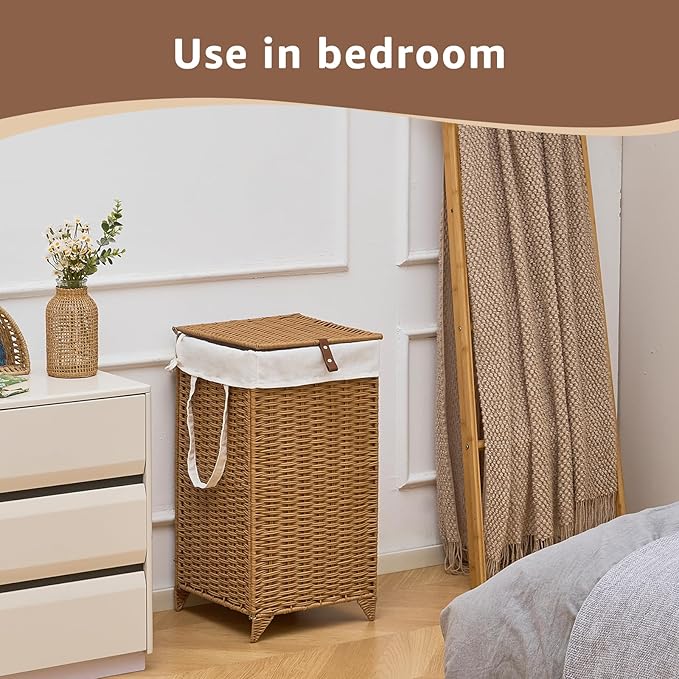 Laundry Hamper with Lid and Removable Liner Bag, Handwoven Rattan Clothes Hamper with Heightened Feet, Wicker Laundry Basket for Clothes and Towels，Small