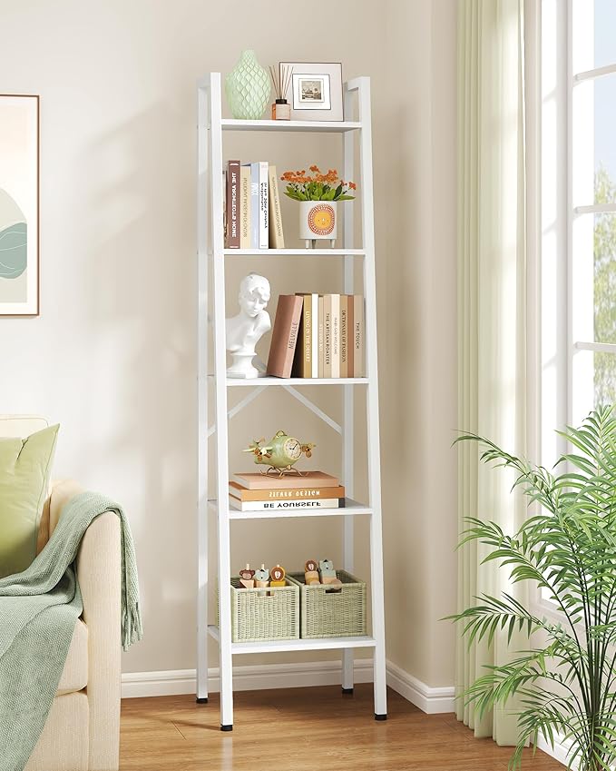 Hoctieon 5-Tier Industrial Ladder Bookshelf, Narrow Ladder Shelf, Tall Standing Bookshelf, Skinny Open Ladder Shelf, for Living Room, Home Office, Kitchen, Bedroom, Metal Frame, White