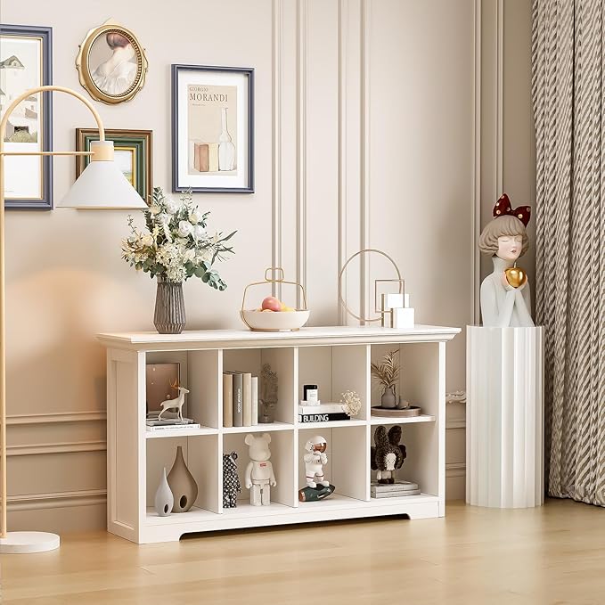 Cube Shelf Bookcase with Base - Wooden 2 Tiers Floor Standing Low Storage Cabinet for Home and Office, 8-Cube Lattice Bookshelf, Warm White