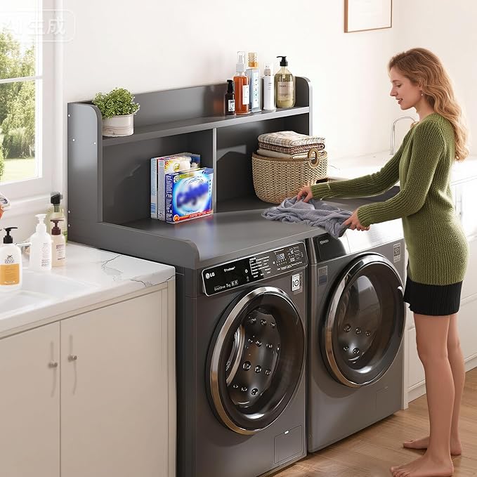 2-Tier Washer Dryer Countertop, 18.5" Raised Height Laundry Countertop with Edge Rails and Non-Slip Pad, 54" W x 27.55" D Washer and Dryer Topper for Laundry Room Storage Organization (Gray)