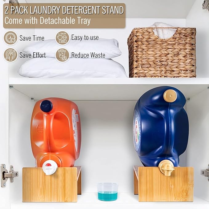 MyLifeUNIT Laundry Detergent Dispenser, 2 Pack Wooden Laundry Detergent Holder Stand with Tray for Laundry Room Organization and Storage