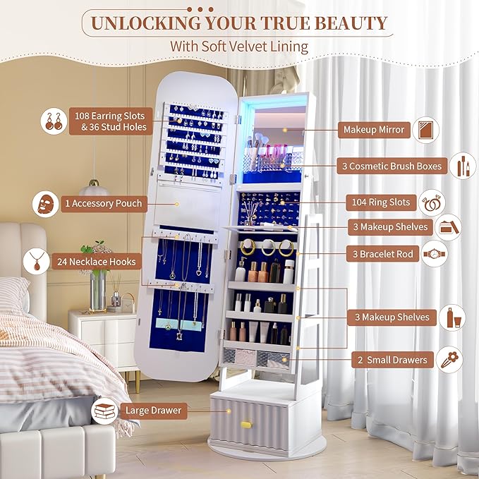 61" Full Length Mirror Jewelry Cabinet with Storage – Rotating, Lockable Jewelry Armoire with Velvet Lining, Standing Organizer for Women – Ideal Gift for Jewelry Storage & Display, White