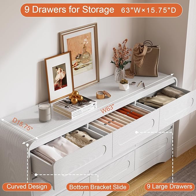 Dresser for Bedroom with 9 Drawers, 63" Large Modern Dressers & Chest of Drawers with Curved Profile Design, Wood Closet Clothes Storage Long Dressers Organizer for Bedroom Living Room Hallway, White