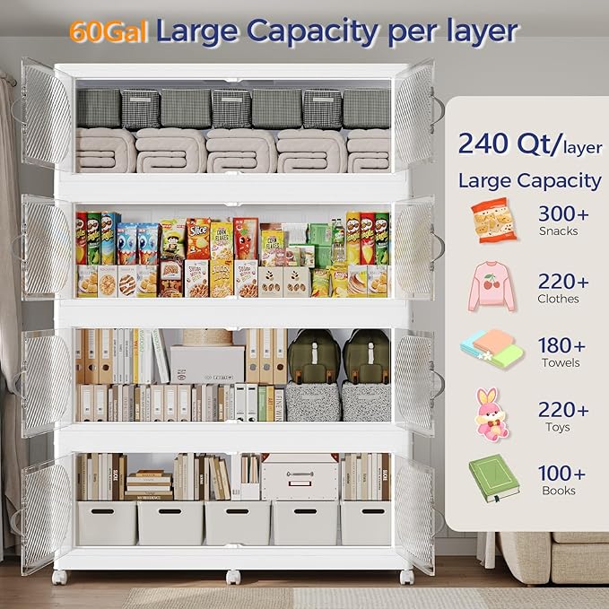 720QT Extra Large Stackable Storage Bins with Lid & Wheels & Doors, 180Gal Foldable Collapsible Closet Organizers, Plastic Cabinet Box Container Drawer for Home Kitchen Bedroom, 3Pack White