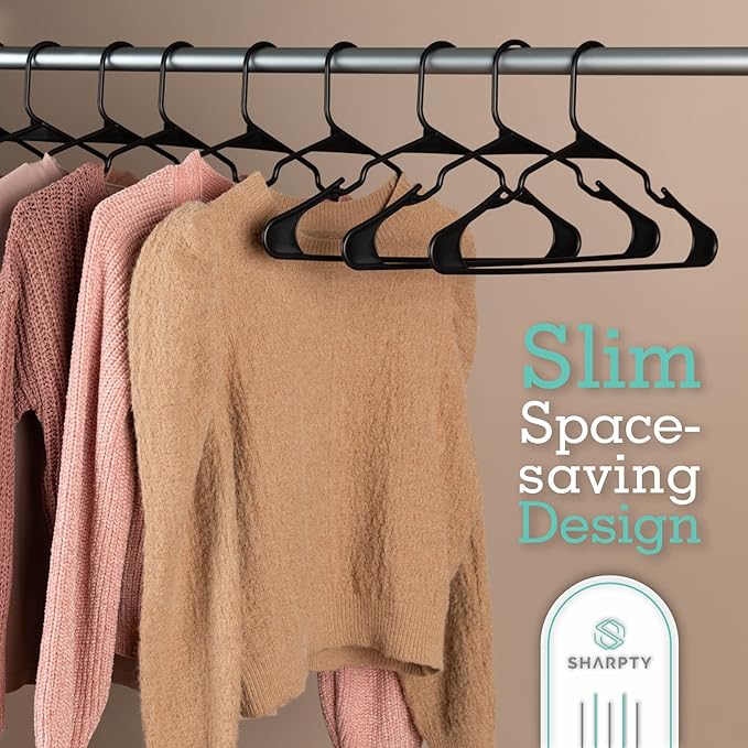 Sharpty Plastic Hangers, 20-Pack, Slim, Space Saving, Heavy Duty, Notched, Durable, Smooth, Fabric-Friendly, Ideal for Clothing, Coats, Shirts, Ties, Belts, Accessories - Black