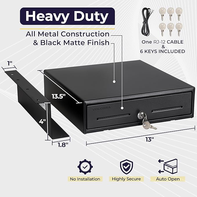 Volcora 13" Electronic Cash Register Drawer with Under Counter Mounting Metal Bracket - POS, 4 Bill 5 Coin Cash Tray, Removable Coin Compartment, 24V RJ11/RJ12 Key-Lock, Media Slot, Black