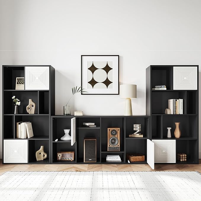 Wooden 8 Cube Storage Organizer, Cubby Storage Organizer with Doors, Multipurpose Cubbies Organizer with Adjustable Shelves, Display Storage Cabinet with Closed Back for Living & Office, Black